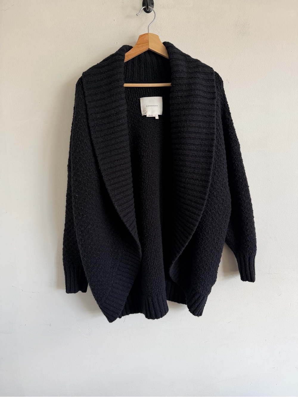 Anthropologie Black Chunky Open-Front Cardigan with Shawl Collar